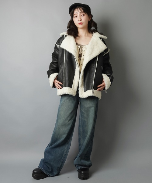 セール】ゆるダボ甘辛MIX☆ボアムートンジャケット（ムートンコート