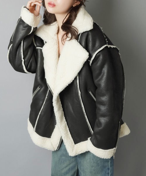 ゆるダボ甘辛MIX☆ボアムートンジャケット（ムートンコート）｜SPINNS