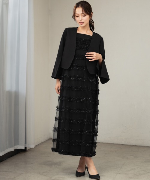 Flolia（フロリア）の「スリットスリーブノーカラージャケット ボレロ ショート丈 結婚式 オケージョン フォーマル セレモニー 卒業式 卒園式 入学式 入園式【洗える】《着用動画あり》（ノーカラージャケット・レディース・ブラック/ベージュ・2L/S/M/L/4L/3L）」の8枚目の写真