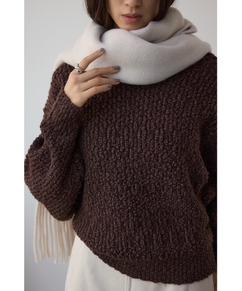 AZUL by moussy（アズールバイマウジー）の「ソフトタッチニットフリンジストール（マフラー・レディース・アイボリー/チャコールグレー/ミント/ピンク・FREE）」の5枚目の写真