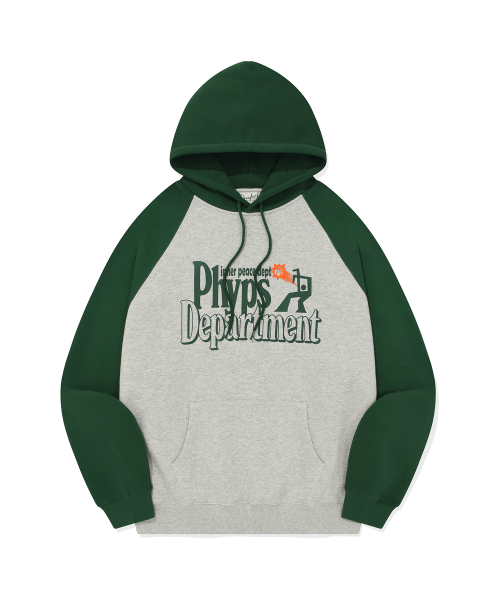 PHYSICAL DEPARTMENT(フィジカル デパートメント)の「ベスキットボールシュートラグランフード_グレー/ダークグリーン(パーカー・レディース・その他・SMALL/MEDIUM/LARGE/X-LARGE)」の2枚目の写真
