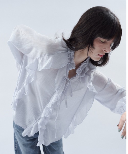 Shelly island（シェリーアイランド）の「楊柳シアーフリルシャツ（シャツ/ブラウス・レディース・ブルー/ブラック/ホワイト・FREE）」の19枚目の写真