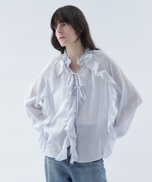 Shelly island（シェリーアイランド）の「楊柳シアーフリルシャツ（シャツ/ブラウス・レディース・ブルー/ブラック/ホワイト・FREE）」の20枚目の写真