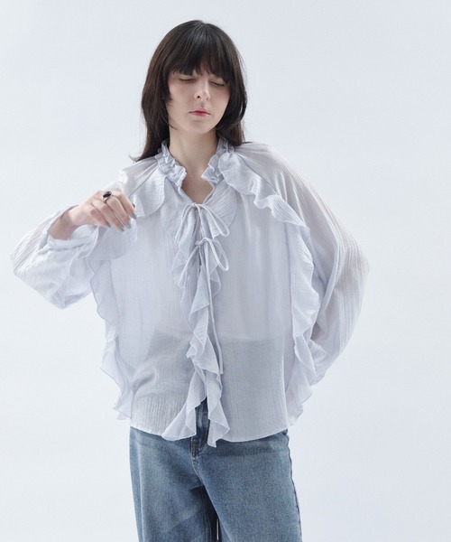 Shelly island（シェリーアイランド）の「楊柳シアーフリルシャツ（シャツ/ブラウス・レディース・ブルー/ブラック/ホワイト・FREE）」の21枚目の写真