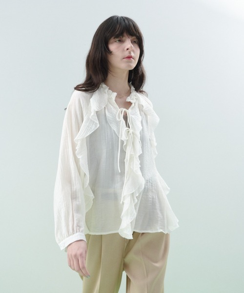 Shelly island（シェリーアイランド）の「楊柳シアーフリルシャツ（シャツ/ブラウス・レディース・ブルー/ブラック/ホワイト・FREE）」の9枚目の写真