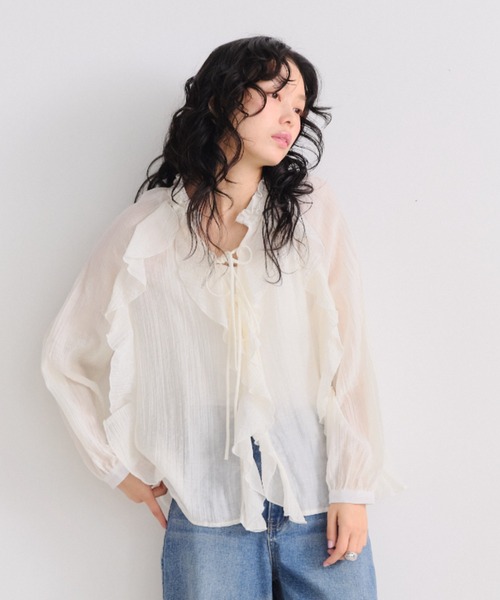 Shelly island（シェリーアイランド）の「楊柳シアーフリルシャツ（シャツ/ブラウス・レディース・ブルー/ブラック/ホワイト・FREE）」の13枚目の写真