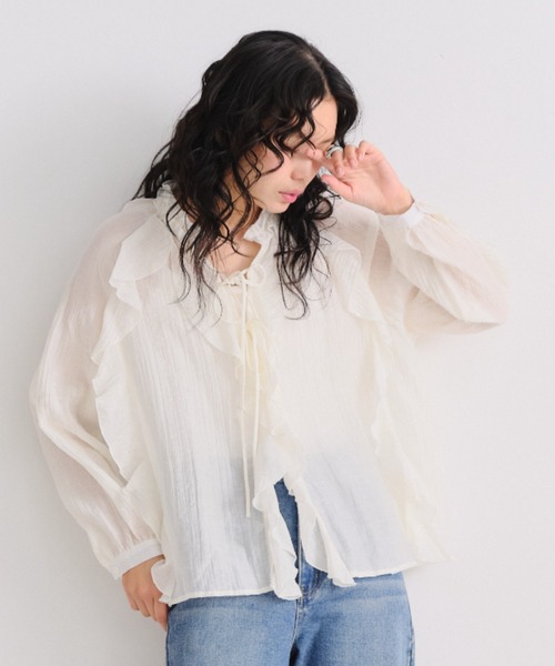 Shelly island（シェリーアイランド）の「楊柳シアーフリルシャツ（シャツ/ブラウス・レディース・ブルー/ブラック/ホワイト・FREE）」の14枚目の写真