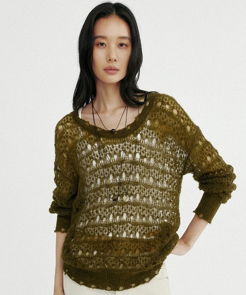 Bie(ビエ)の「グランジニットトップス(Tシャツ/カットソー・レディース・ブラウン/オフホワイト・ONE SIZE)」の2枚目の写真