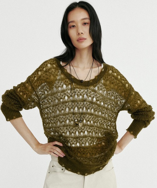 Bie(ビエ)の「グランジニットトップス(Tシャツ/カットソー・レディース・ブラウン/オフホワイト・ONE SIZE)」の11枚目の写真
