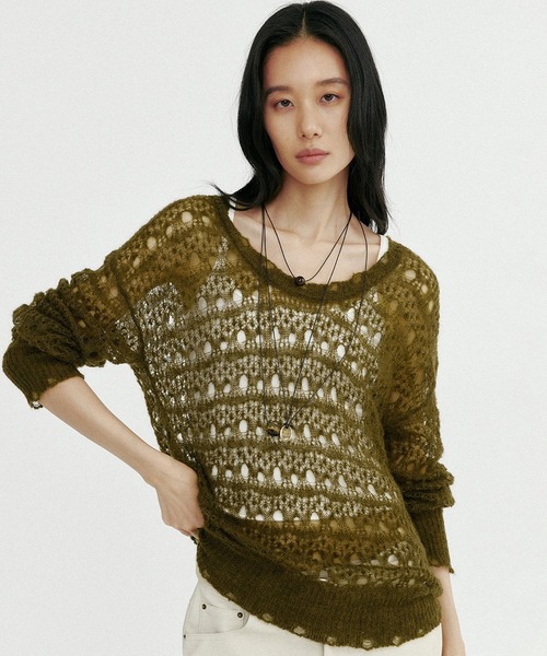 Bie(ビエ)の「グランジニットトップス(Tシャツ/カットソー・レディース・ブラウン/オフホワイト・ONE SIZE)」の12枚目の写真