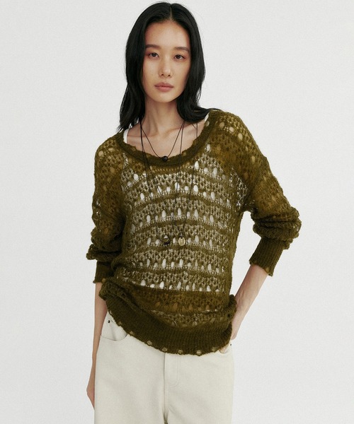 Bie(ビエ)の「グランジニットトップス(Tシャツ/カットソー・レディース・ブラウン/オフホワイト・ONE SIZE)」の14枚目の写真
