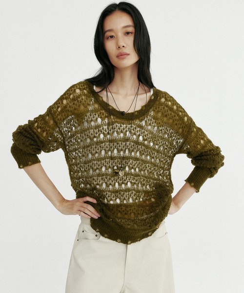 Bie(ビエ)の「グランジニットトップス(Tシャツ/カットソー・レディース・ブラウン/オフホワイト・ONE SIZE)」の15枚目の写真