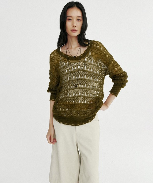 Bie(ビエ)の「グランジニットトップス(Tシャツ/カットソー・レディース・ブラウン/オフホワイト・ONE SIZE)」の16枚目の写真