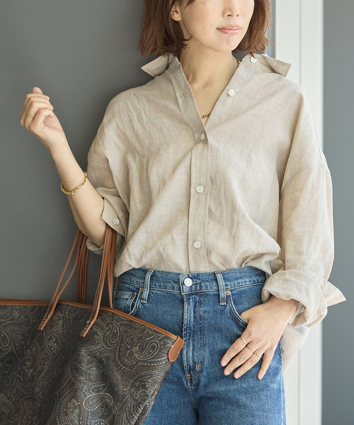 journal standard L'essage(ジャーナルスタンダードレサージュ)の「ヨーロピアンフラックス2WAYシャツ(シャツ/ブラウス・レディース・ブラウン系その他/オレンジ/ベージュ・FREE)」の3枚目の写真