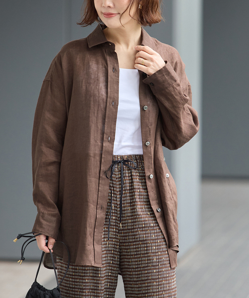 journal standard L'essage(ジャーナルスタンダードレサージュ)の「ヨーロピアンフラックス2WAYシャツ(シャツ/ブラウス・レディース・ブラウン系その他/オレンジ/ベージュ・FREE)」の2枚目の写真