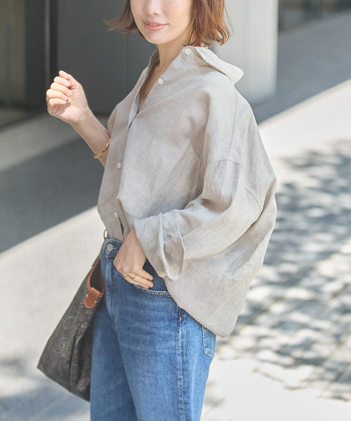 journal standard L'essage(ジャーナルスタンダードレサージュ)の「ヨーロピアンフラックス2WAYシャツ(シャツ/ブラウス・レディース・ブラウン系その他/オレンジ/ベージュ・FREE)」の8枚目の写真