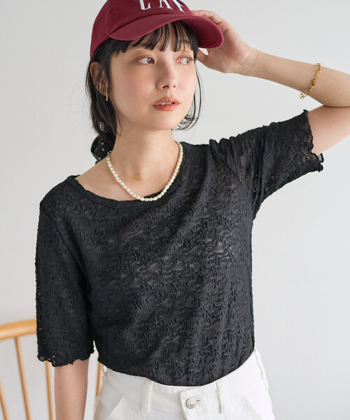 FREAK'S STORE(フリークスストア)の「ストレッチレース Tシャツ/シアー 5分袖 Tシャツ(Tシャツ/カットソー・レディース・オフホワイト/ブラック・フリ-)」の2枚目の写真