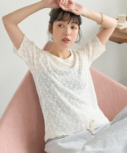 セール】ストレッチレース Tシャツ/シアー 5分袖 Tシャツ（Tシャツ