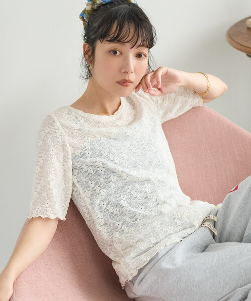 FREAK'S STORE(フリークスストア)の「ストレッチレース Tシャツ/シアー 5分袖 Tシャツ(Tシャツ/カットソー・レディース・オフホワイト/ブラック・フリ-)」の4枚目の写真