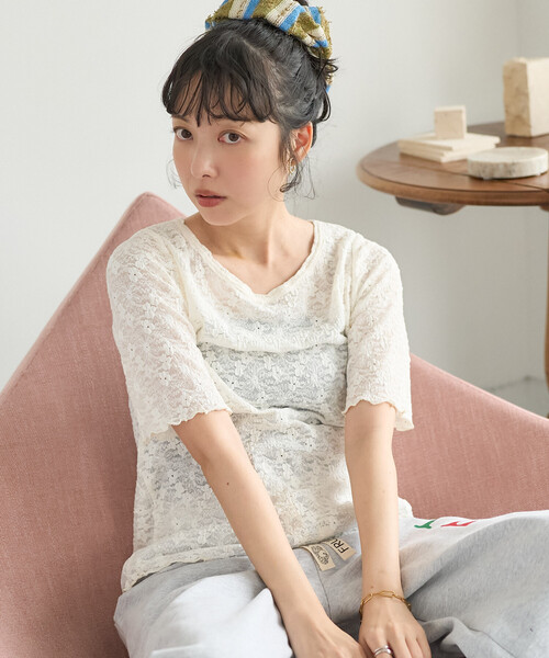 FREAK'S STORE(フリークスストア)の「ストレッチレース Tシャツ/シアー 5分袖 Tシャツ(Tシャツ/カットソー・レディース・オフホワイト/ブラック・フリ-)」の5枚目の写真