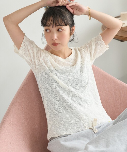 FREAK'S STORE(フリークスストア)の「ストレッチレース Tシャツ/シアー 5分袖 Tシャツ(Tシャツ/カットソー・レディース・オフホワイト/ブラック・フリ-)」の6枚目の写真