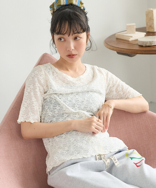 FREAK'S STORE(フリークスストア)の「ストレッチレース Tシャツ/シアー 5分袖 Tシャツ(Tシャツ/カットソー・レディース・オフホワイト/ブラック・フリ-)」の7枚目の写真