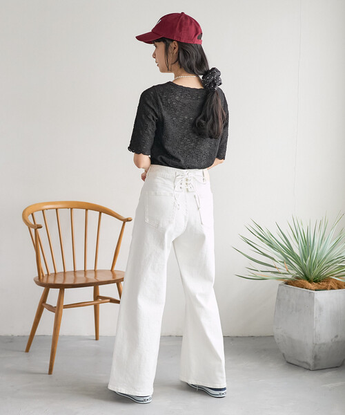 FREAK'S STORE(フリークスストア)の「ストレッチレース Tシャツ/シアー 5分袖 Tシャツ(Tシャツ/カットソー・レディース・オフホワイト/ブラック・フリ-)」の18枚目の写真