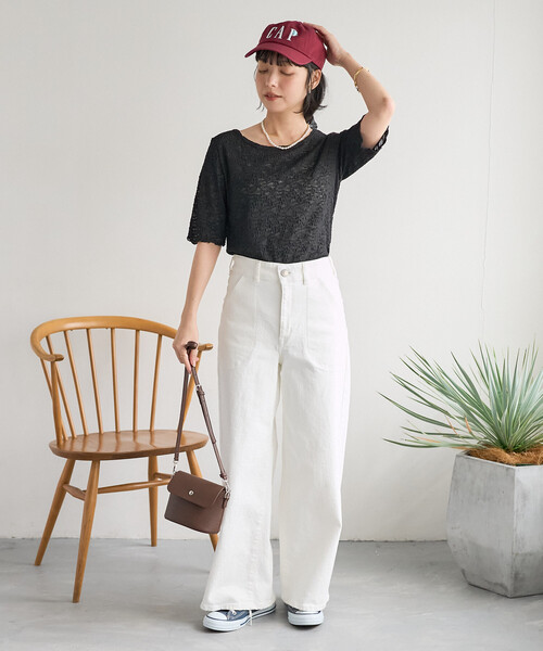 FREAK'S STORE(フリークスストア)の「ストレッチレース Tシャツ/シアー 5分袖 Tシャツ(Tシャツ/カットソー・レディース・オフホワイト/ブラック・フリ-)」の20枚目の写真