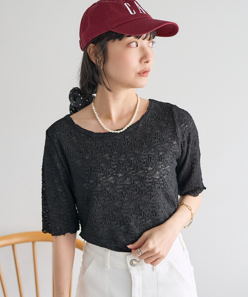 FREAK'S STORE(フリークスストア)の「ストレッチレース Tシャツ/シアー 5分袖 Tシャツ(Tシャツ/カットソー・レディース・オフホワイト/ブラック・フリ-)」の21枚目の写真