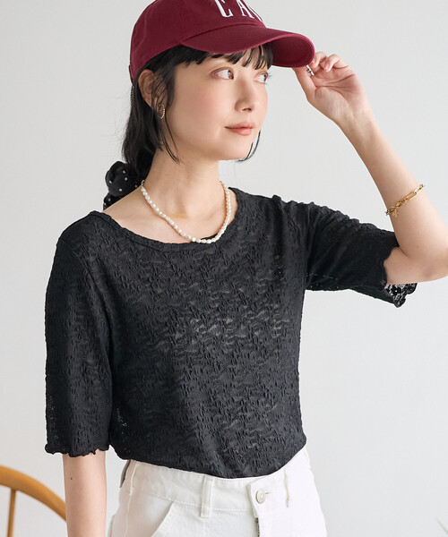 FREAK'S STORE(フリークスストア)の「ストレッチレース Tシャツ/シアー 5分袖 Tシャツ(Tシャツ/カットソー・レディース・オフホワイト/ブラック・フリ-)」の22枚目の写真