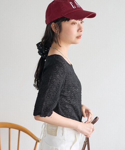 FREAK'S STORE(フリークスストア)の「ストレッチレース Tシャツ/シアー 5分袖 Tシャツ(Tシャツ/カットソー・レディース・オフホワイト/ブラック・フリ-)」の12枚目の写真