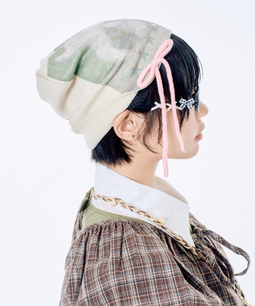Never mind the XU / Chikashitsu+(ネバーマインド ザ エックスユー / チカシツプラス)の「【Nerd out XU】baby goat ribbon beanie / 【ナードアウトエックスユー】ベイビーゴートリボンビーニー <着用動画あり>(ニットキャップ/ビーニー・レディース・ベージュ・ONE SIZE)」の9枚目の写真