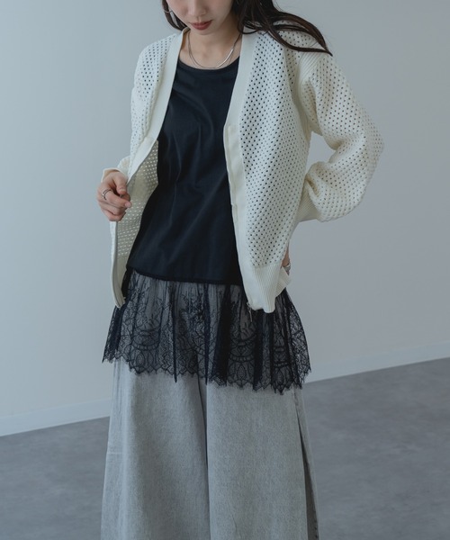 refinedworks（リファインドワークス）の「【refinedworks】メッシュ ニット の ブルゾン 風 カーディガン（カーディガン/ボレロ・レディース・ホワイト/サックスブルー/グレー・FREE）」の4枚目の写真