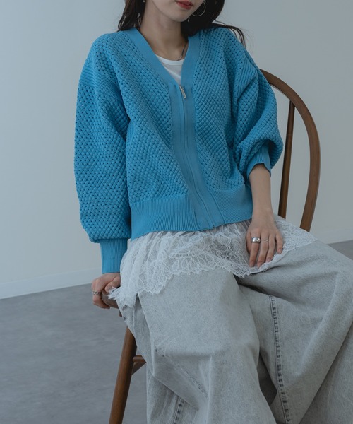 refinedworks（リファインドワークス）の「【refinedworks】メッシュ ニット の ブルゾン 風 カーディガン（カーディガン/ボレロ・レディース・ホワイト/サックスブルー/グレー・FREE）」の20枚目の写真