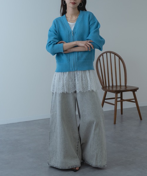 refinedworks（リファインドワークス）の「【refinedworks】メッシュ ニット の ブルゾン 風 カーディガン（カーディガン/ボレロ・レディース・ホワイト/サックスブルー/グレー・FREE）」の8枚目の写真