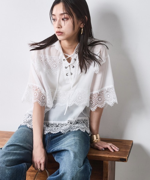 CHIC STYLE(シックスタイル)の「レースアップレースブラウス<大きいサイズ有>シックスタイル(シャツ/ブラウス・レディース・ブラック/オフホワイト・M/L/LL/3L/4L/5L)」の8枚目の写真