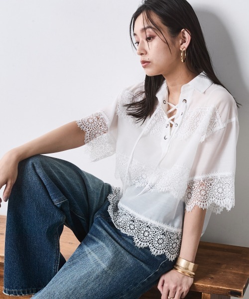 CHIC STYLE(シックスタイル)の「レースアップレースブラウス<大きいサイズ有>シックスタイル(シャツ/ブラウス・レディース・ブラック/オフホワイト・M/L/LL/3L/4L/5L)」の9枚目の写真