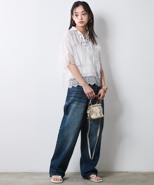 CHIC STYLE(シックスタイル)の「レースアップレースブラウス<大きいサイズ有>シックスタイル(シャツ/ブラウス・レディース・ブラック/オフホワイト・M/L/LL/3L/4L/5L)」の13枚目の写真