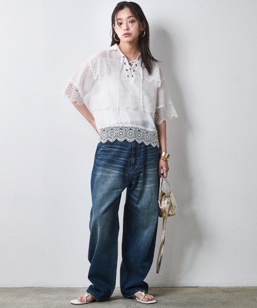 CHIC STYLE(シックスタイル)の「レースアップレースブラウス<大きいサイズ有>シックスタイル(シャツ/ブラウス・レディース・ブラック/オフホワイト・M/L/LL/3L/4L/5L)」の14枚目の写真