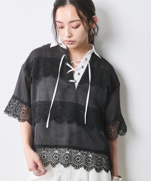 CHIC STYLE(シックスタイル)の「レースアップレースブラウス<大きいサイズ有>シックスタイル(シャツ/ブラウス・レディース・ブラック/オフホワイト・M/L/LL/3L/4L/5L)」の10枚目の写真