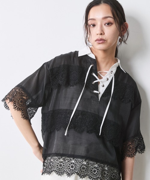 CHIC STYLE(シックスタイル)の「レースアップレースブラウス<大きいサイズ有>シックスタイル(シャツ/ブラウス・レディース・ブラック/オフホワイト・M/L/LL/3L/4L/5L)」の5枚目の写真
