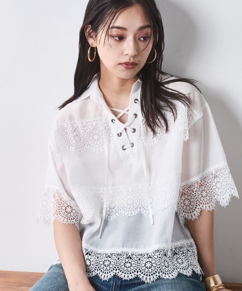 CHIC STYLE(シックスタイル)の「レースアップレースブラウス<大きいサイズ有>シックスタイル(シャツ/ブラウス・レディース・ブラック/オフホワイト・M/L/LL/3L/4L/5L)」の6枚目の写真