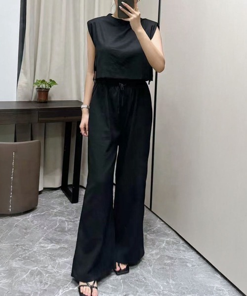 LOWO(ロワ)の「セットアップ ショート丈 ノースリーブ サイドリボン トップス ワイドパンツ ウエストゴム 上下セット(セットアップ・レディース・ブラック/ブラウン/アイボリー・FREE)」の9枚目の写真