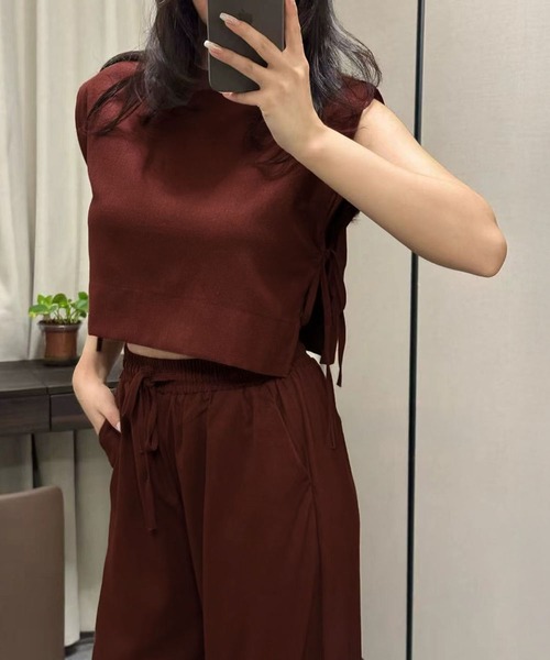 LOWO(ロワ)の「セットアップ ショート丈 ノースリーブ サイドリボン トップス ワイドパンツ ウエストゴム 上下セット(セットアップ・レディース・ブラック/ブラウン/アイボリー・FREE)」の14枚目の写真