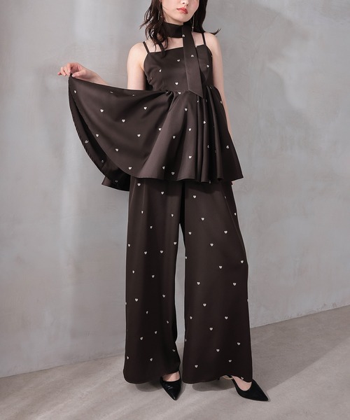 Kana(カナ)の「ハート刺繍ペプラムパンツドレス3点セット パーティードレス 結婚式 お呼ばれ オケージョンドレス(パンツドレス・レディース・ブラウン/ブラック・M)」の2枚目の写真