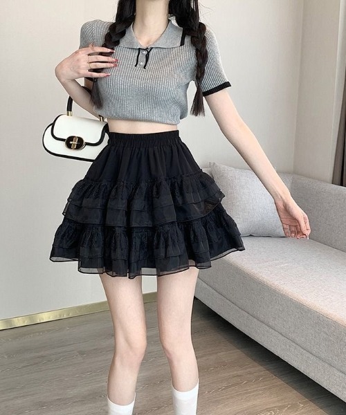 Beststore(ベストストア)の「ボリュームフリル ミニ丈 ティアードスカート(インナーパンツ付)(スカート・レディース・ホワイト/ブラック・M/L/FREE)」の5枚目の写真