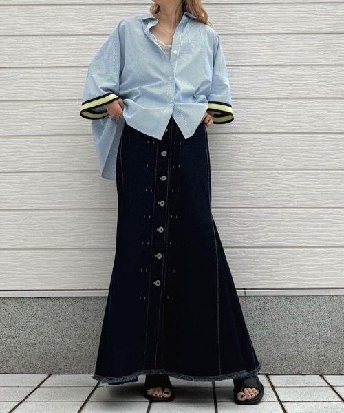 Q（キュー）の「半袖リブドッキングシャツ（シャツ/ブラウス・レディース・ブルー・MEDIUM）」の4枚目の写真