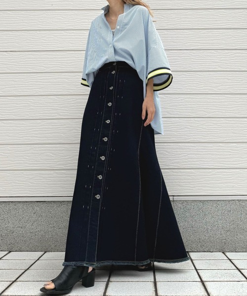 Q（キュー）の「半袖リブドッキングシャツ（シャツ/ブラウス・レディース・ブルー・MEDIUM）」の3枚目の写真