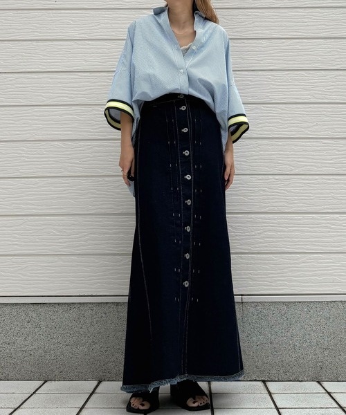 Q（キュー）の「半袖リブドッキングシャツ（シャツ/ブラウス・レディース・ブルー・MEDIUM）」の2枚目の写真