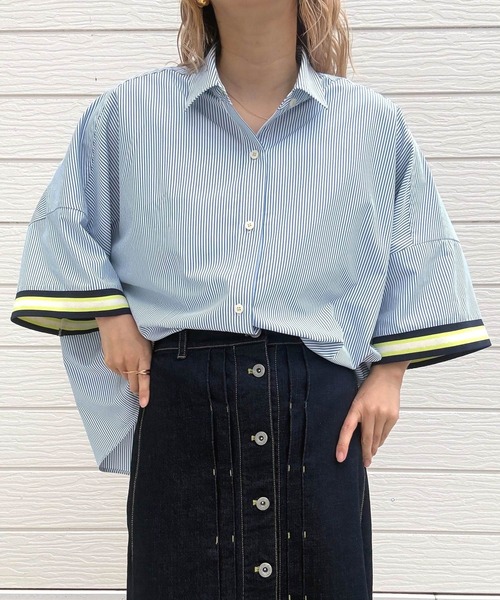 Q（キュー）の「半袖リブドッキングシャツ（シャツ/ブラウス・レディース・ブルー・MEDIUM）」の11枚目の写真